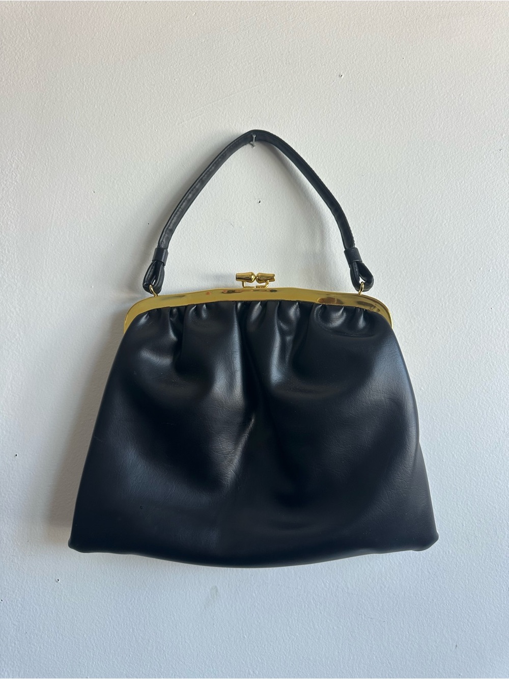 Vintage 1950s Frame Handbag with Kiss Lock Black and Gold, Mid-Century Modern